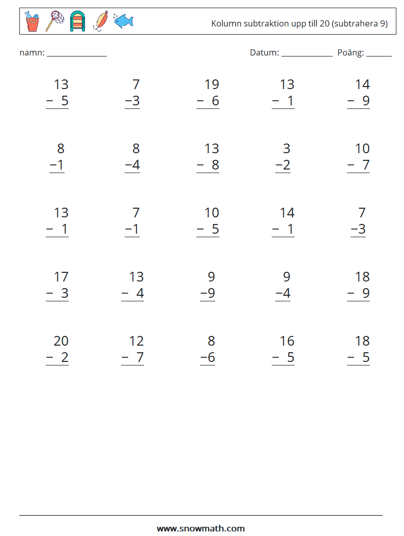 (25) Kolumn subtraktion upp till 20 (subtrahera 9) Matematiska arbetsblad 12