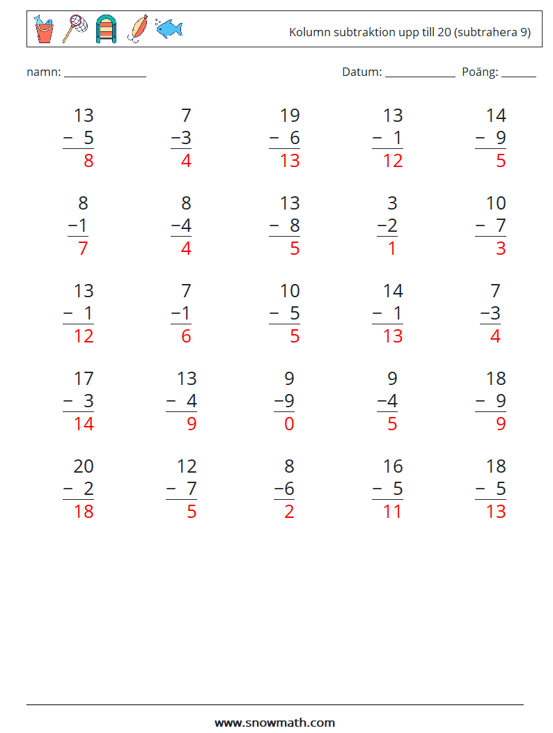 (25) Kolumn subtraktion upp till 20 (subtrahera 9) Matematiska arbetsblad 12 Fråga, svar