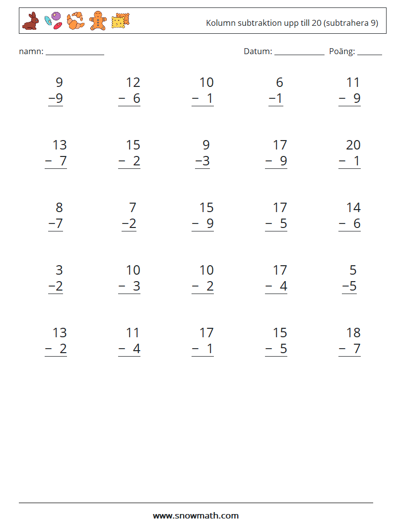 (25) Kolumn subtraktion upp till 20 (subtrahera 9) Matematiska arbetsblad 13