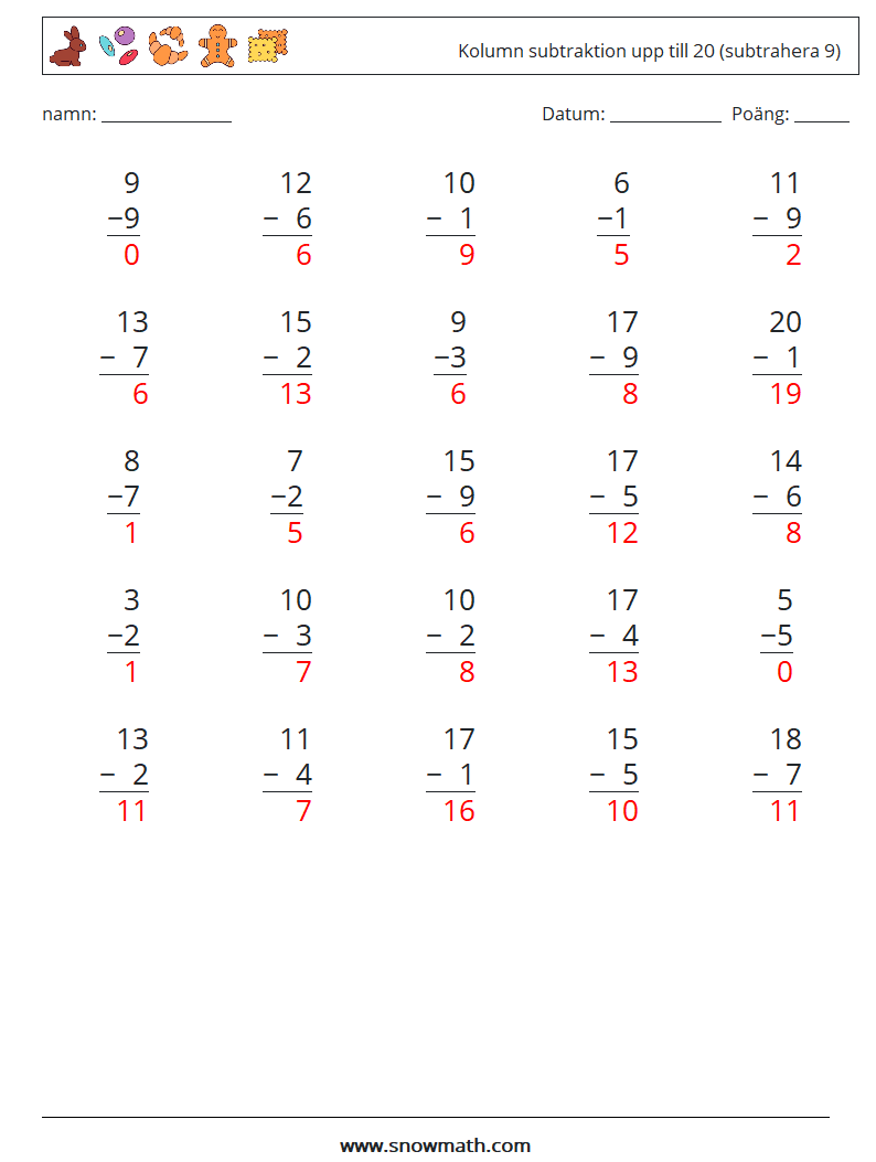 (25) Kolumn subtraktion upp till 20 (subtrahera 9) Matematiska arbetsblad 13 Fråga, svar