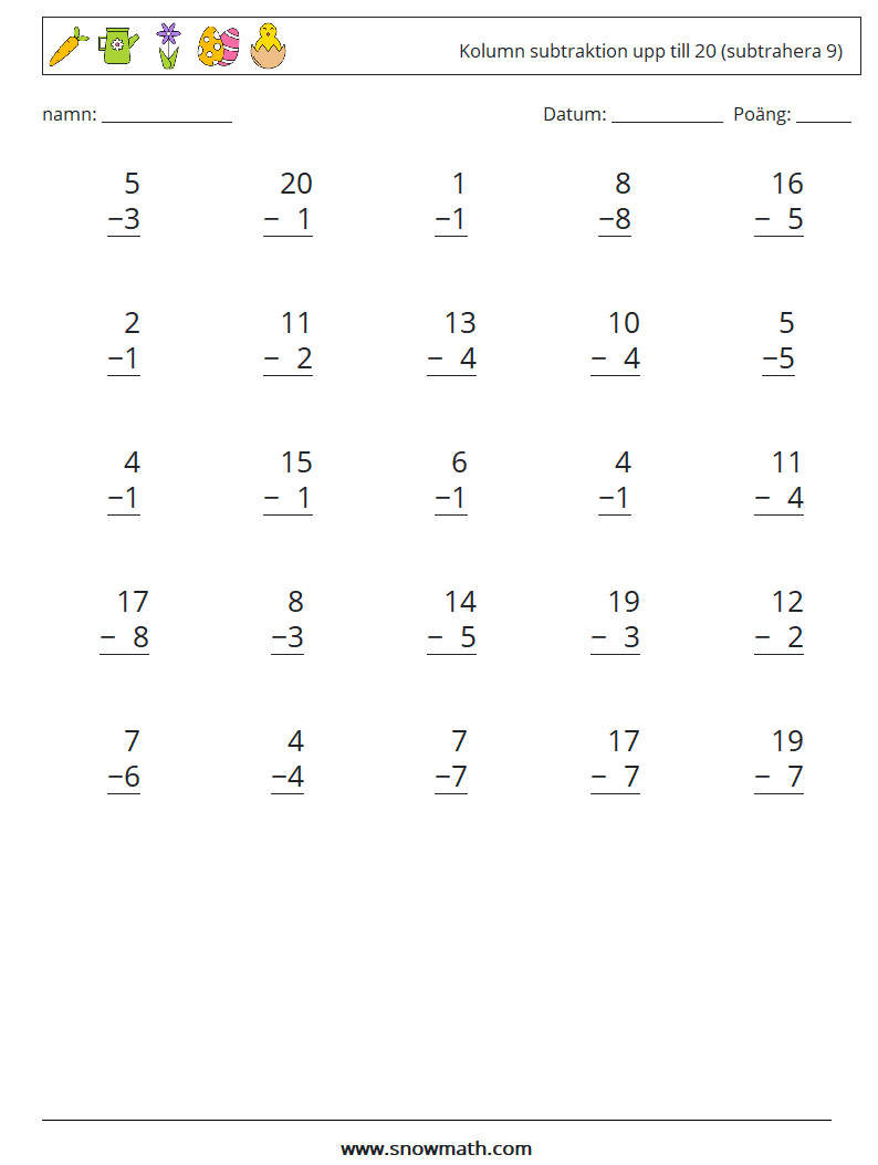 (25) Kolumn subtraktion upp till 20 (subtrahera 9) Matematiska arbetsblad 14