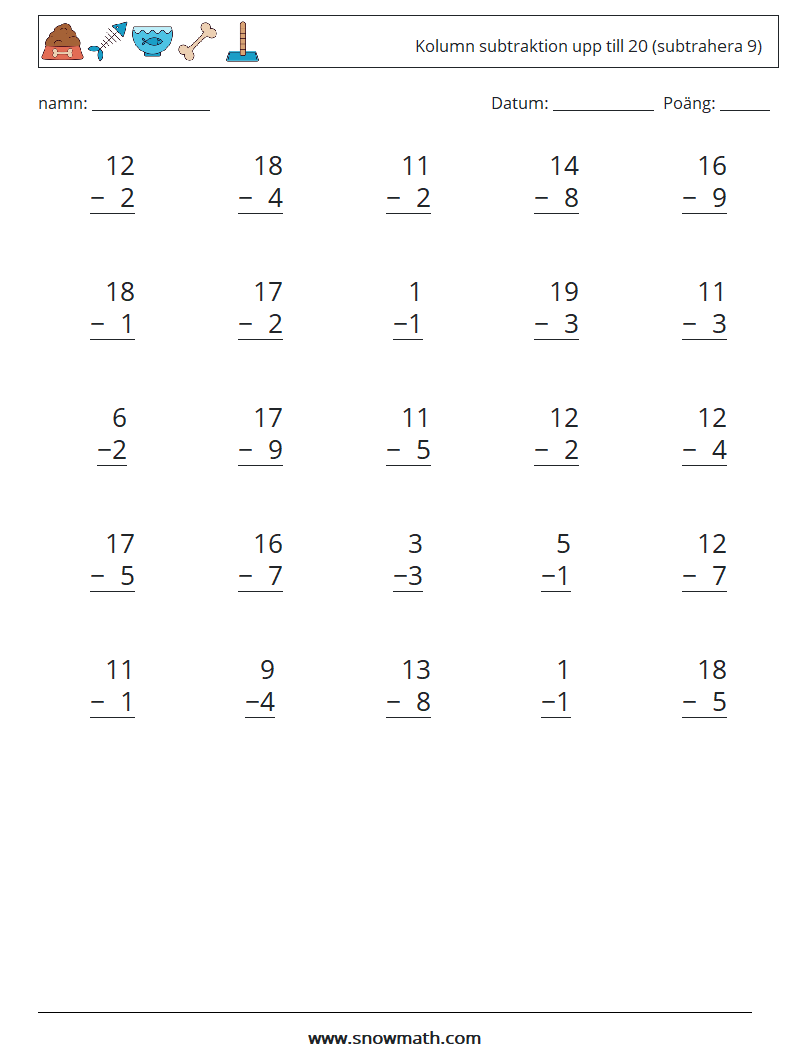 (25) Kolumn subtraktion upp till 20 (subtrahera 9) Matematiska arbetsblad 15