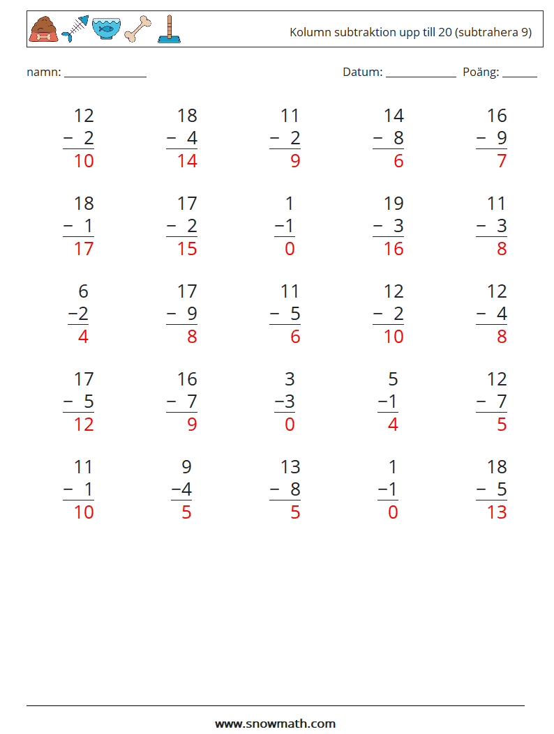 (25) Kolumn subtraktion upp till 20 (subtrahera 9) Matematiska arbetsblad 15 Fråga, svar