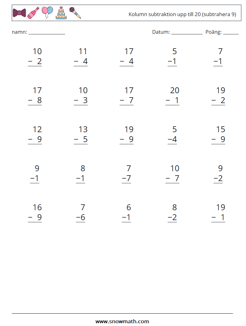 (25) Kolumn subtraktion upp till 20 (subtrahera 9) Matematiska arbetsblad 16
