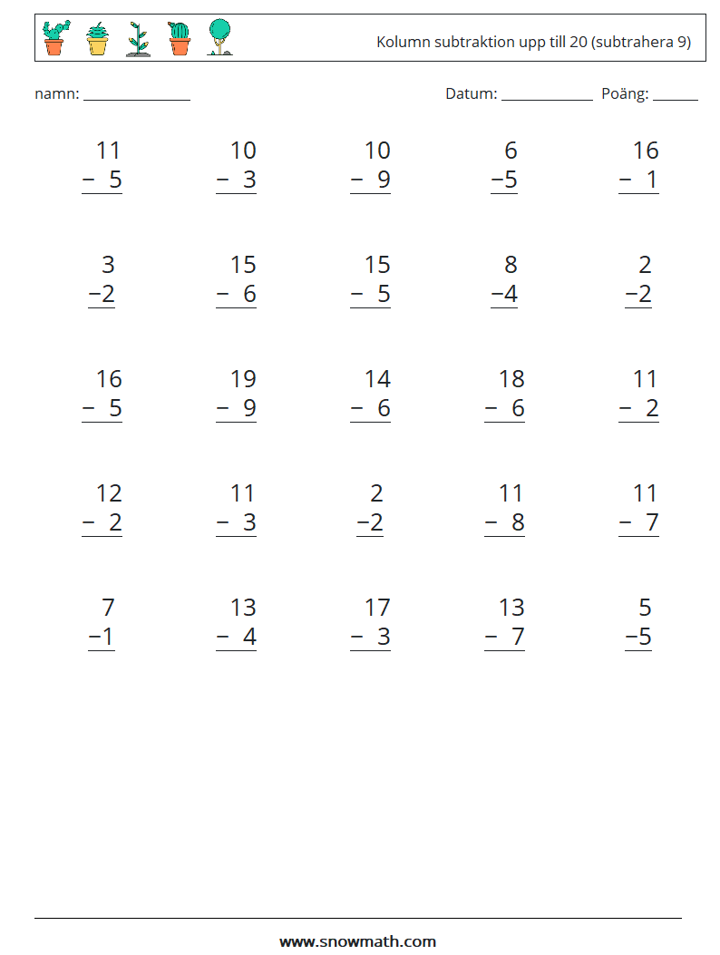 (25) Kolumn subtraktion upp till 20 (subtrahera 9) Matematiska arbetsblad 17