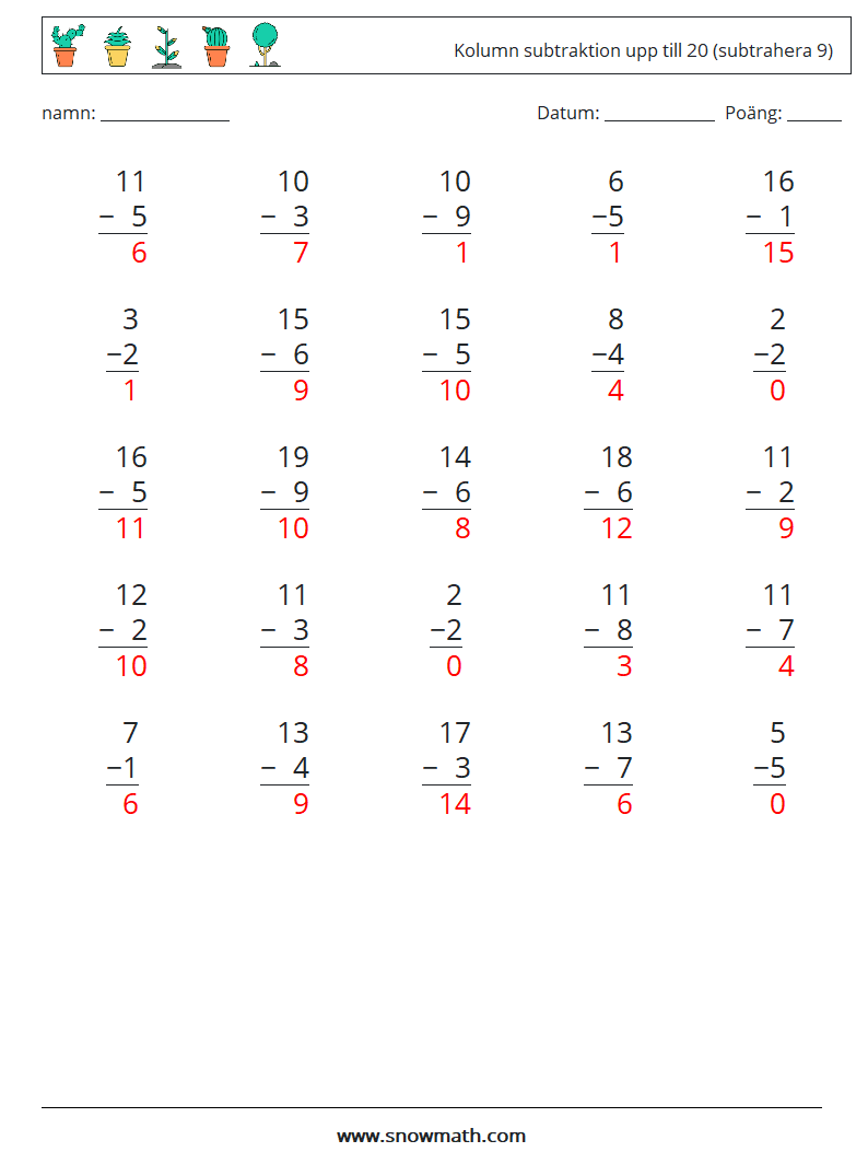 (25) Kolumn subtraktion upp till 20 (subtrahera 9) Matematiska arbetsblad 17 Fråga, svar