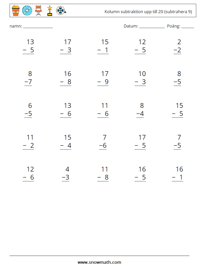 (25) Kolumn subtraktion upp till 20 (subtrahera 9) Matematiska arbetsblad 18