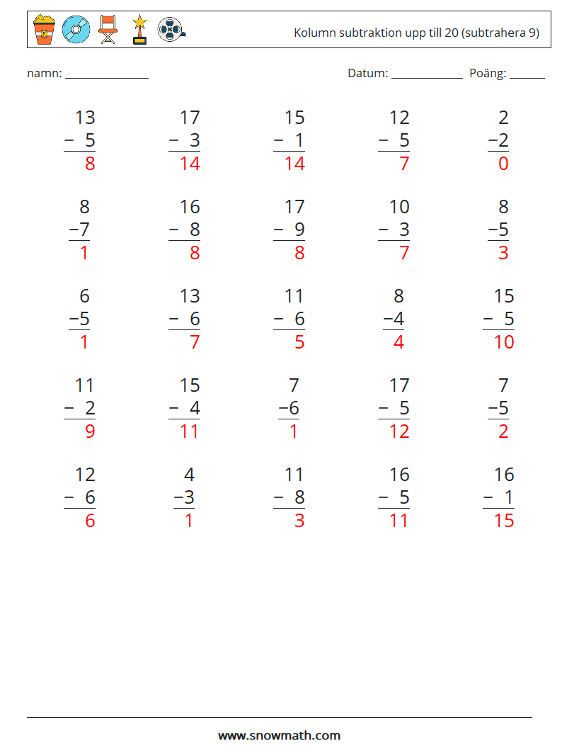 (25) Kolumn subtraktion upp till 20 (subtrahera 9) Matematiska arbetsblad 18 Fråga, svar