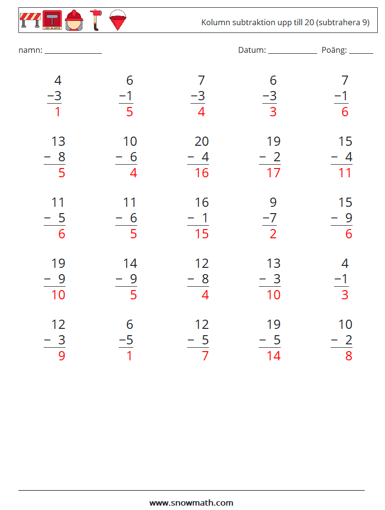 (25) Kolumn subtraktion upp till 20 (subtrahera 9) Matematiska arbetsblad 1 Fråga, svar