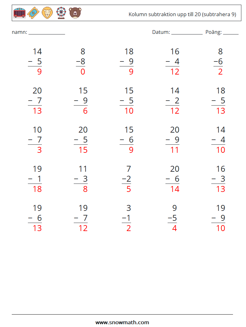 (25) Kolumn subtraktion upp till 20 (subtrahera 9) Matematiska arbetsblad 2 Fråga, svar