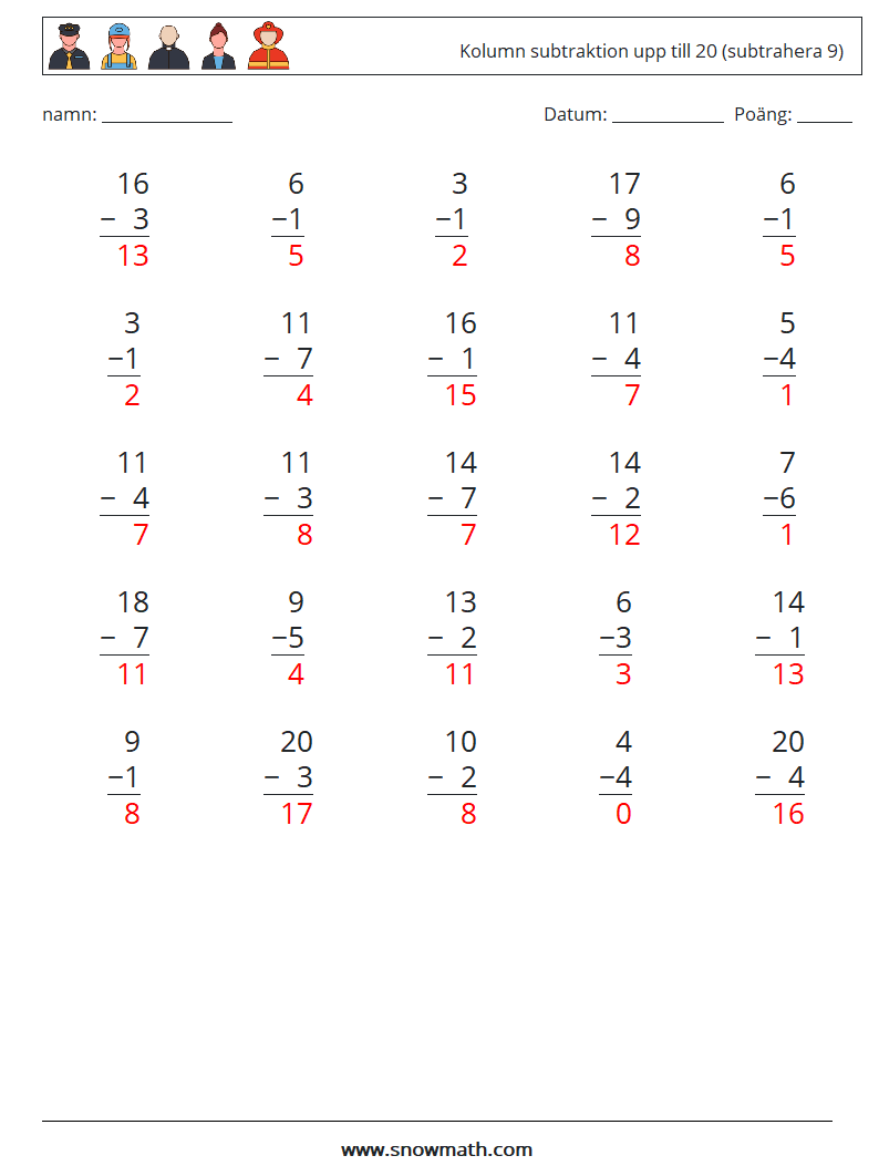 (25) Kolumn subtraktion upp till 20 (subtrahera 9) Matematiska arbetsblad 3 Fråga, svar