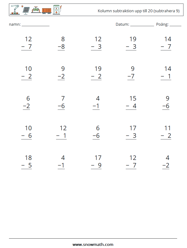 (25) Kolumn subtraktion upp till 20 (subtrahera 9) Matematiska arbetsblad 4