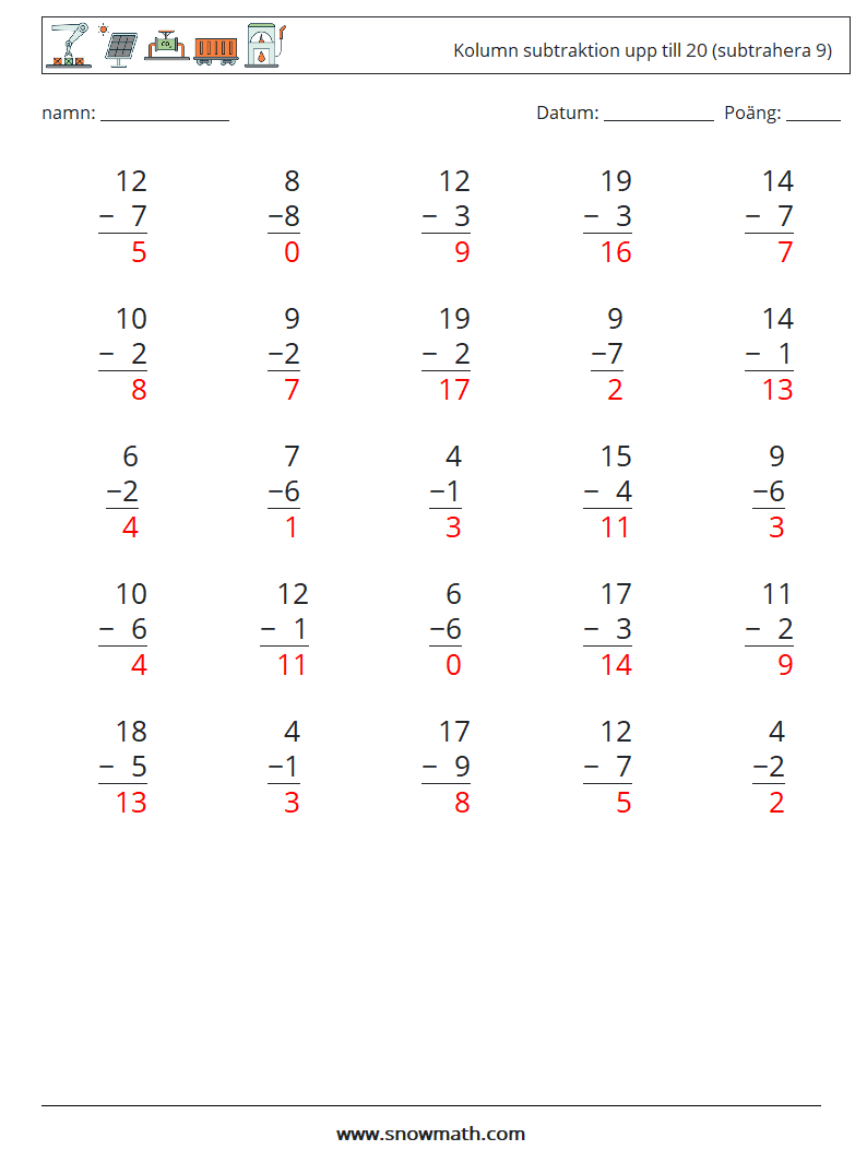 (25) Kolumn subtraktion upp till 20 (subtrahera 9) Matematiska arbetsblad 4 Fråga, svar