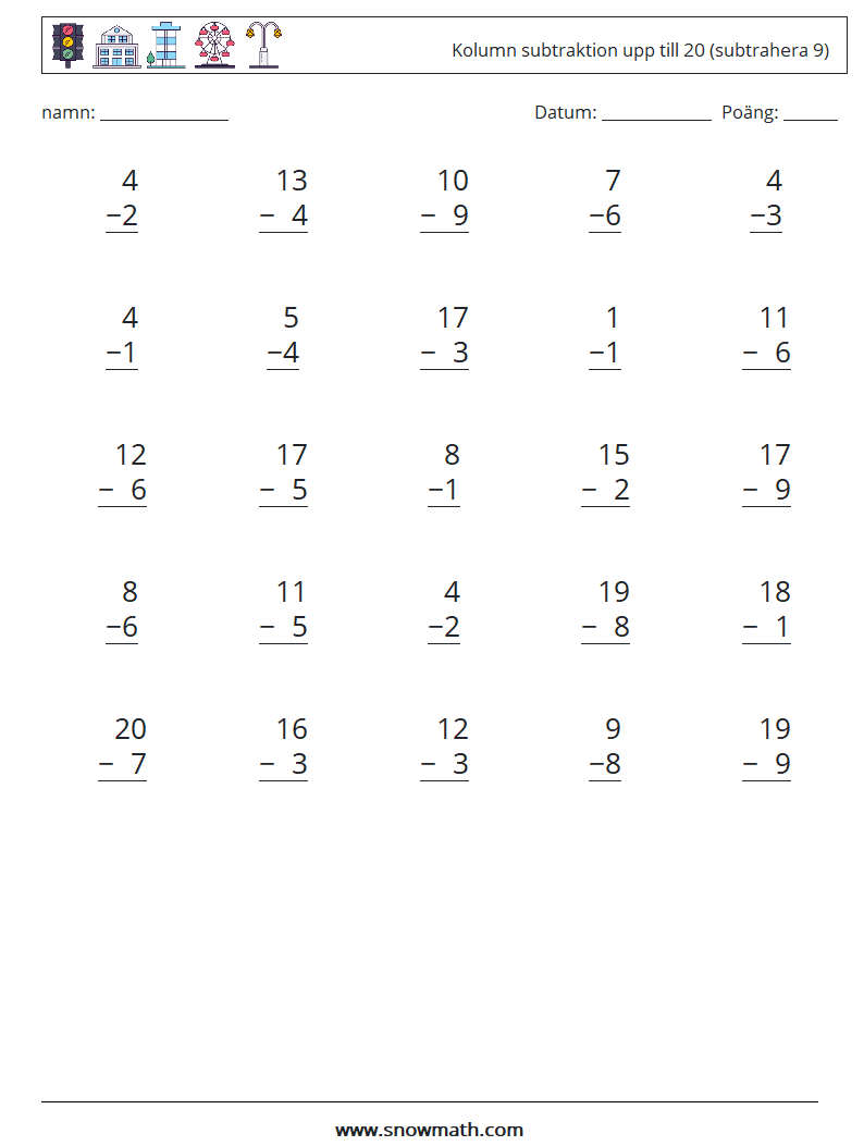 (25) Kolumn subtraktion upp till 20 (subtrahera 9) Matematiska arbetsblad 5