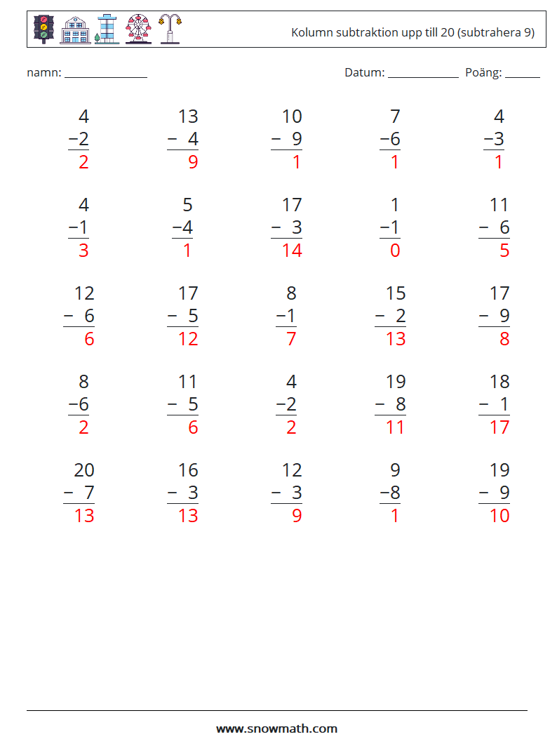 (25) Kolumn subtraktion upp till 20 (subtrahera 9) Matematiska arbetsblad 5 Fråga, svar