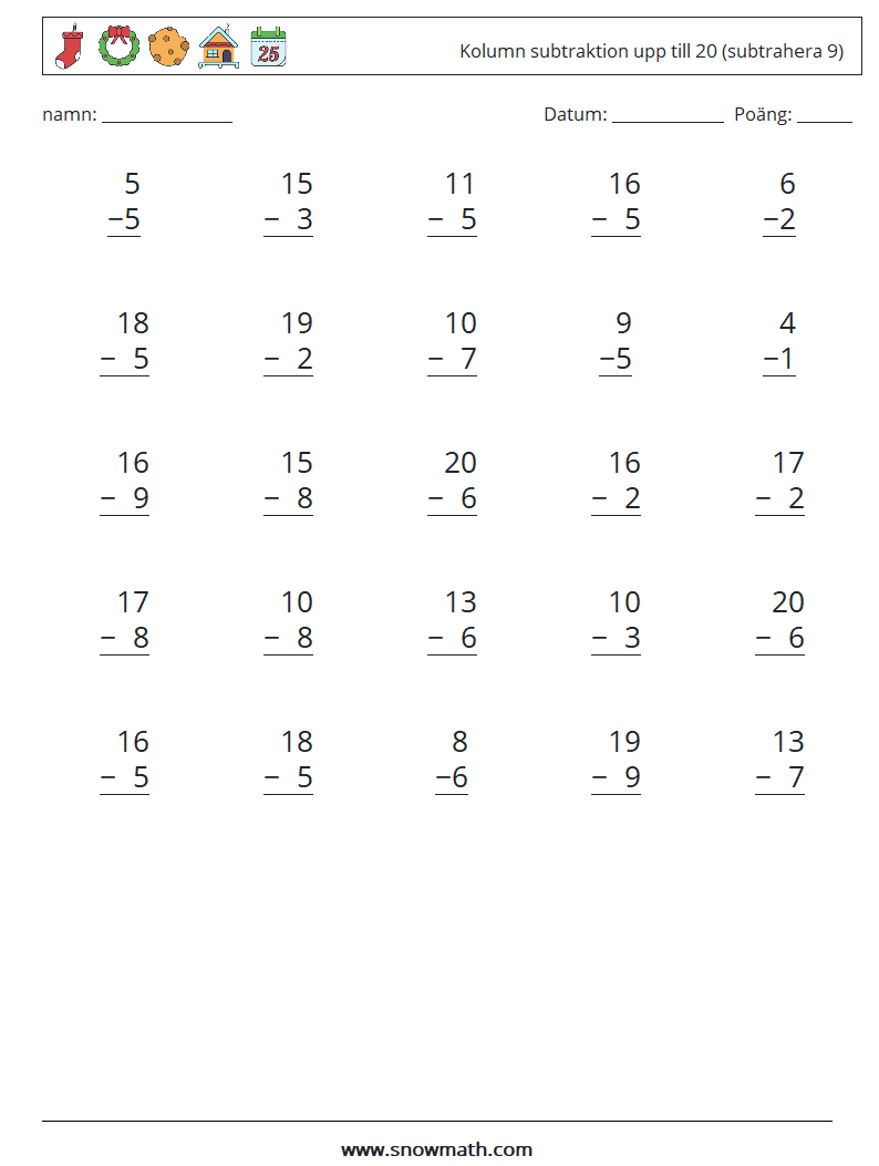 (25) Kolumn subtraktion upp till 20 (subtrahera 9) Matematiska arbetsblad 6