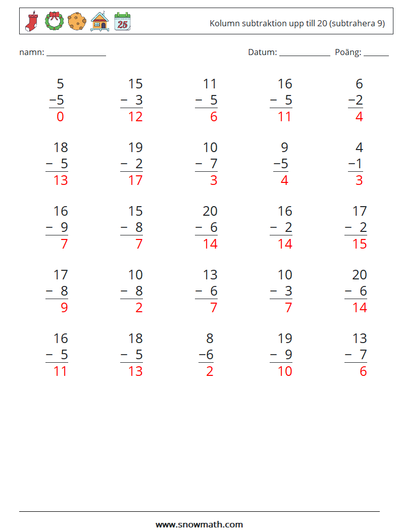 (25) Kolumn subtraktion upp till 20 (subtrahera 9) Matematiska arbetsblad 6 Fråga, svar