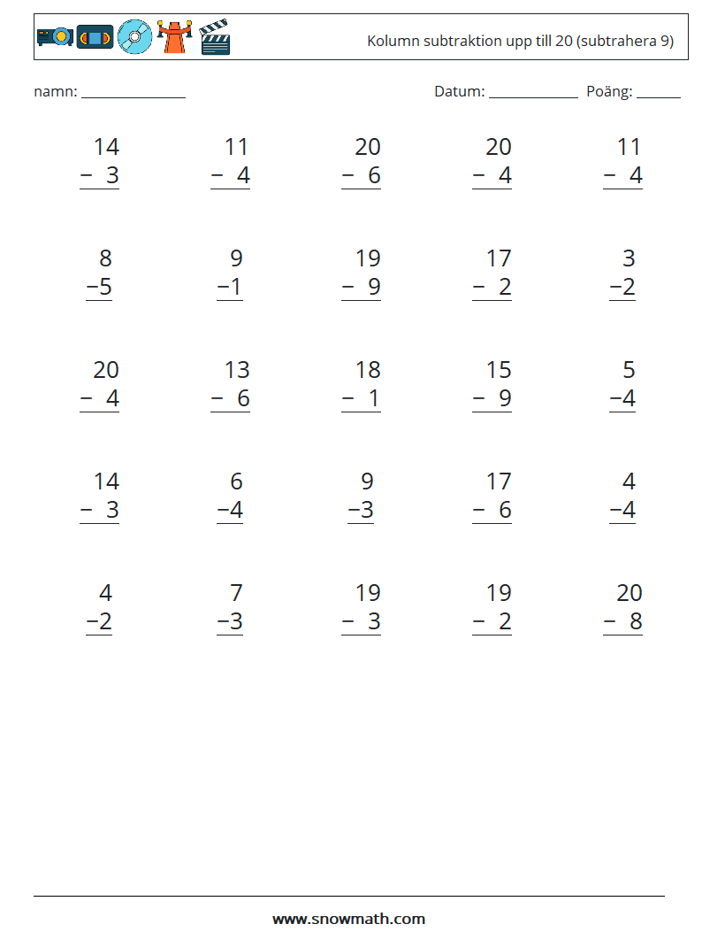 (25) Kolumn subtraktion upp till 20 (subtrahera 9) Matematiska arbetsblad 7