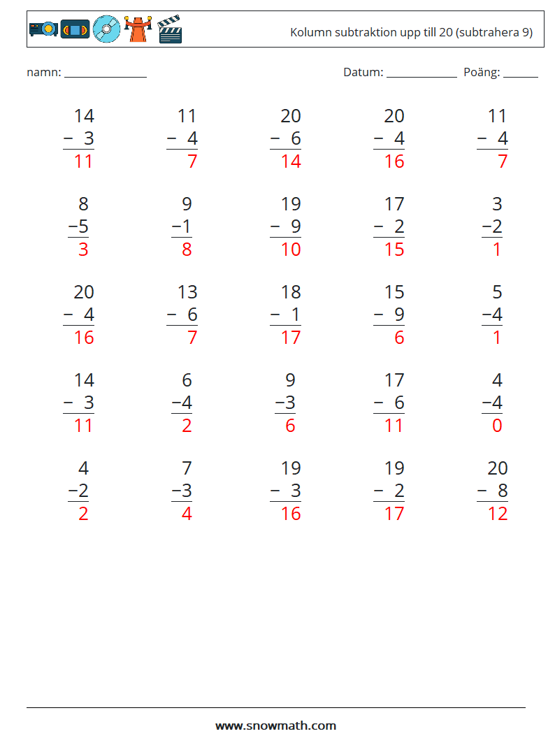 (25) Kolumn subtraktion upp till 20 (subtrahera 9) Matematiska arbetsblad 7 Fråga, svar