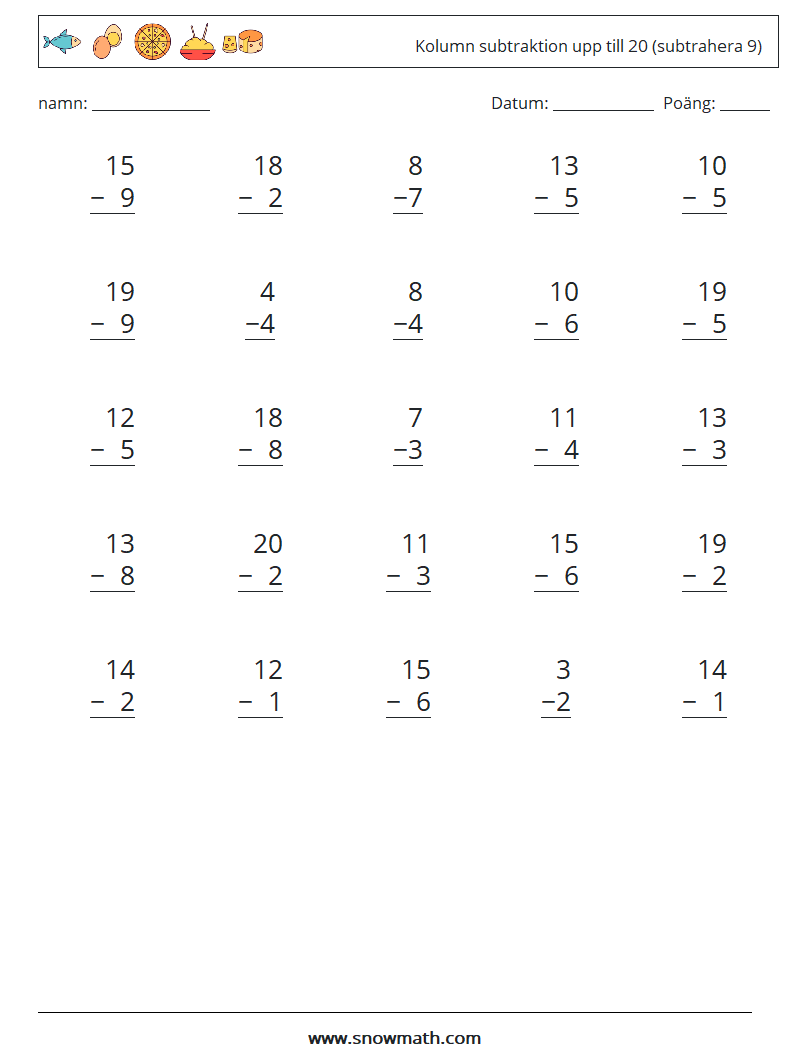 (25) Kolumn subtraktion upp till 20 (subtrahera 9) Matematiska arbetsblad 8
