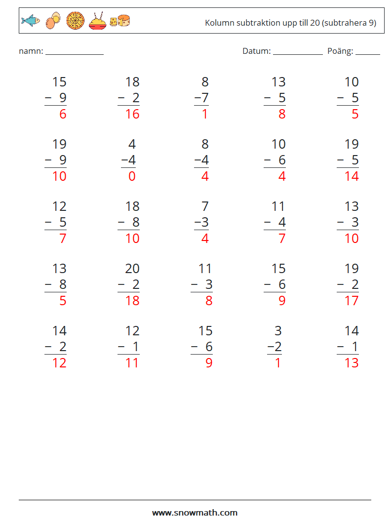 (25) Kolumn subtraktion upp till 20 (subtrahera 9) Matematiska arbetsblad 8 Fråga, svar