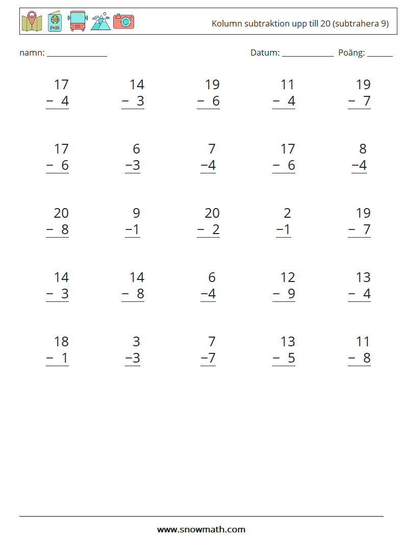 (25) Kolumn subtraktion upp till 20 (subtrahera 9) Matematiska arbetsblad 9