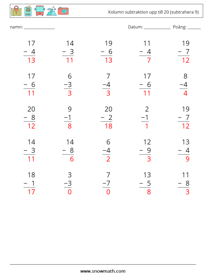 (25) Kolumn subtraktion upp till 20 (subtrahera 9) Matematiska arbetsblad 9 Fråga, svar