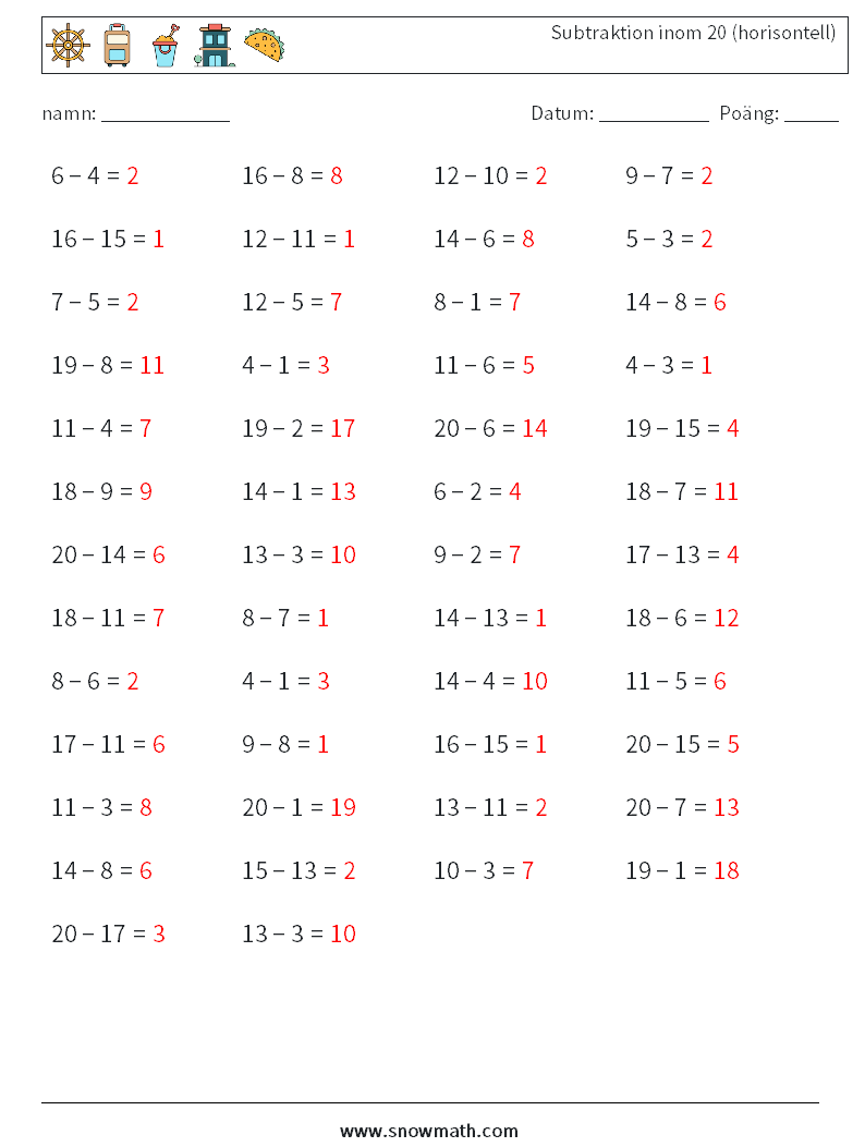 (50) Subtraktion inom 20 (horisontell) Matematiska arbetsblad 1 Fråga, svar