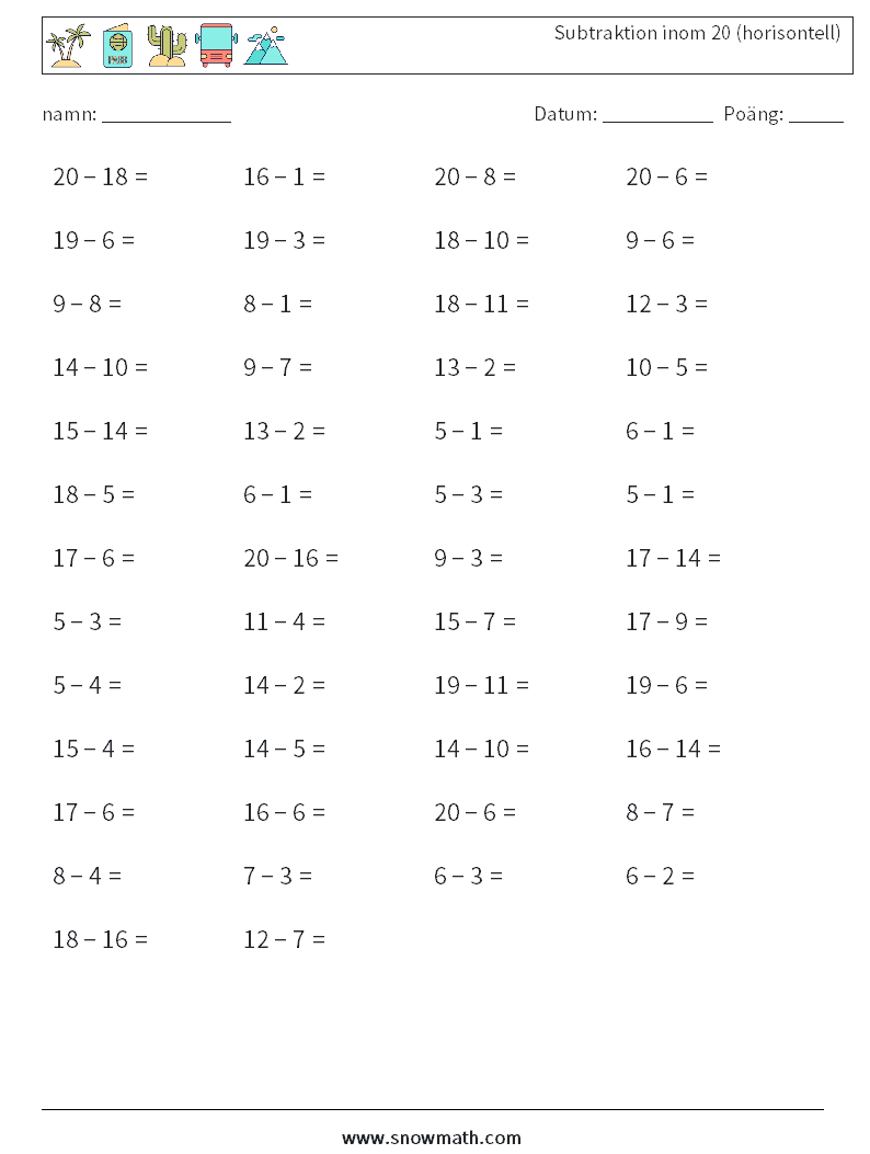 (50) Subtraktion inom 20 (horisontell) Matematiska arbetsblad 2