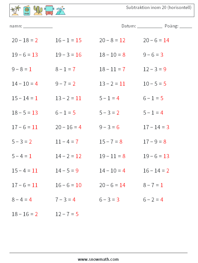 (50) Subtraktion inom 20 (horisontell) Matematiska arbetsblad 2 Fråga, svar