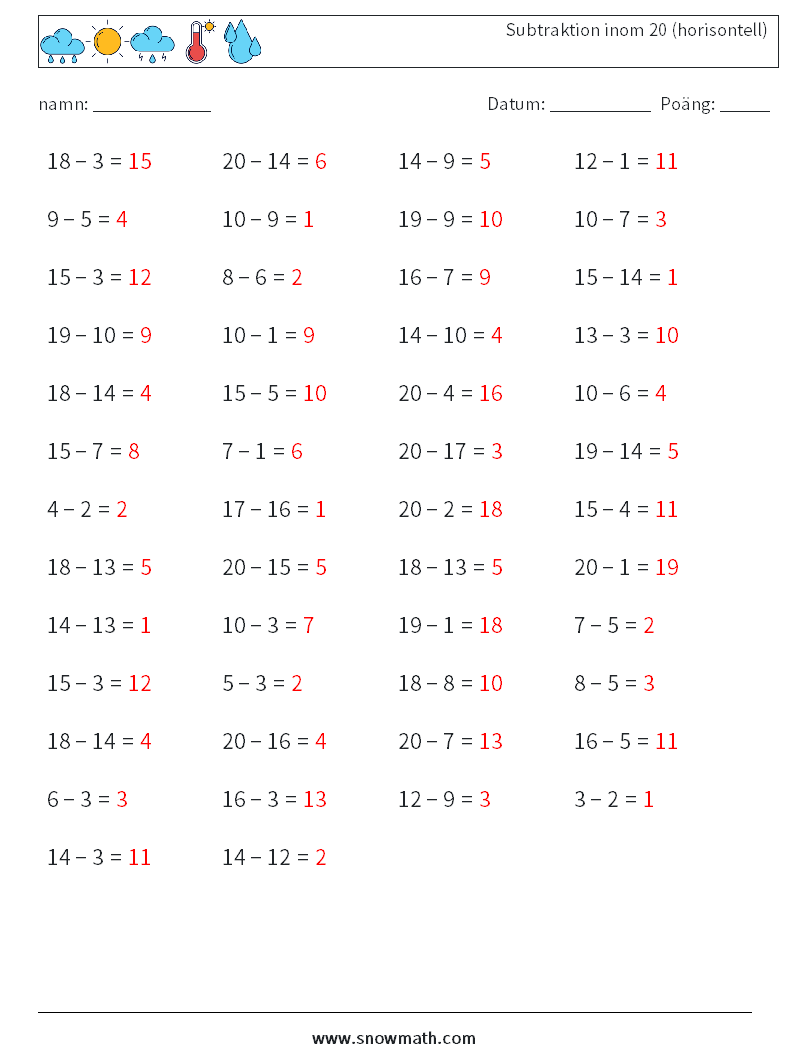 (50) Subtraktion inom 20 (horisontell) Matematiska arbetsblad 3 Fråga, svar