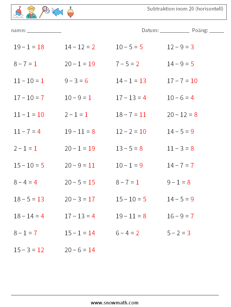 (50) Subtraktion inom 20 (horisontell) Matematiska arbetsblad 4 Fråga, svar