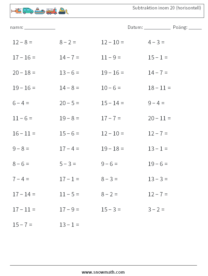 (50) Subtraktion inom 20 (horisontell) Matematiska arbetsblad 5