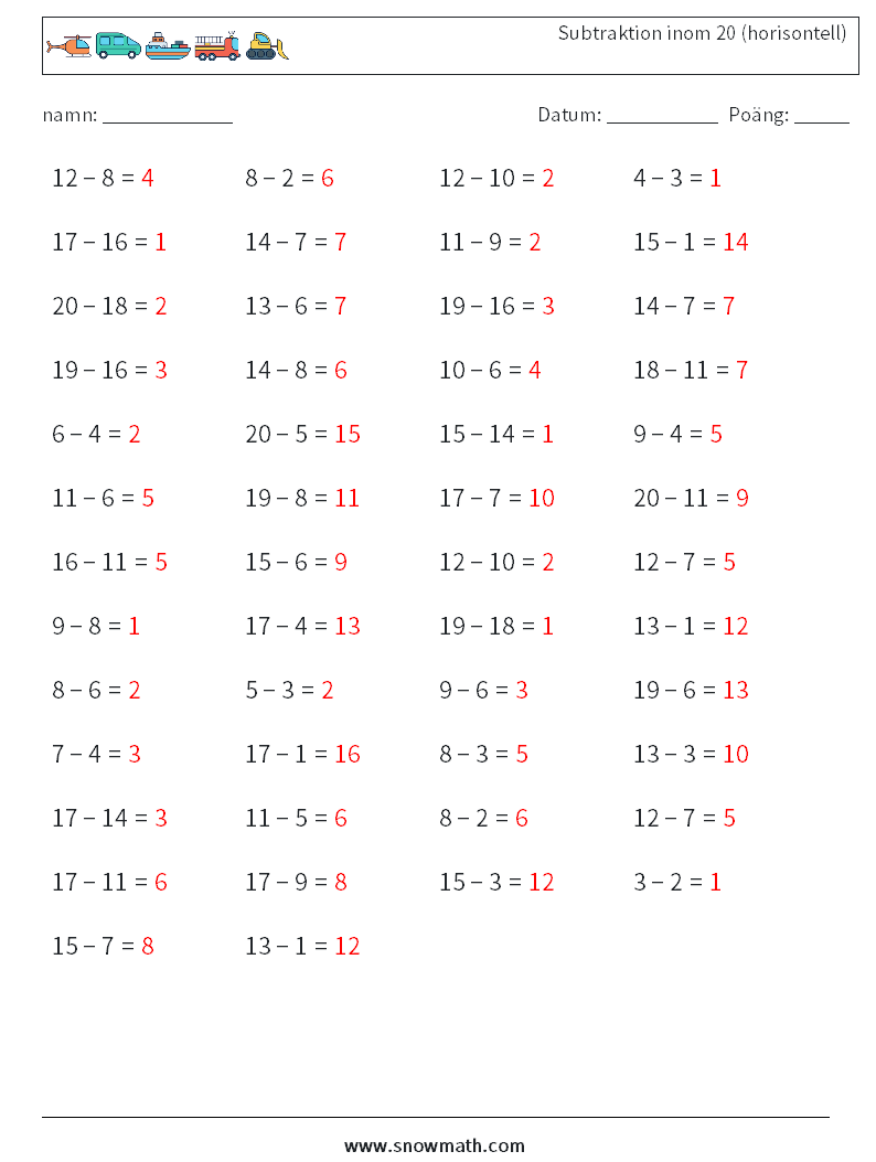 (50) Subtraktion inom 20 (horisontell) Matematiska arbetsblad 5 Fråga, svar