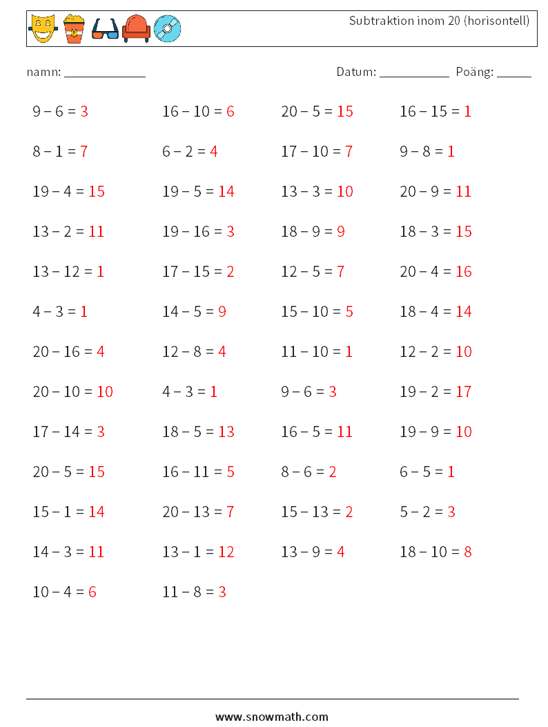 (50) Subtraktion inom 20 (horisontell) Matematiska arbetsblad 6 Fråga, svar