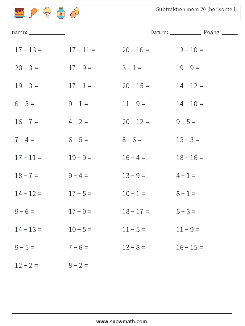 (50) Subtraktion inom 20 (horisontell) Matematiska arbetsblad 7
