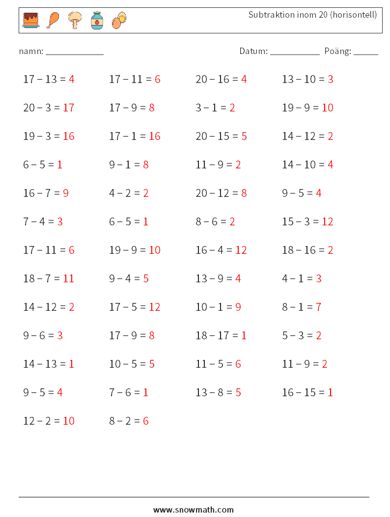 (50) Subtraktion inom 20 (horisontell) Matematiska arbetsblad 7 Fråga, svar