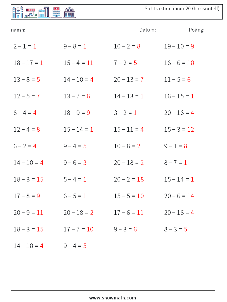 (50) Subtraktion inom 20 (horisontell) Matematiska arbetsblad 8 Fråga, svar