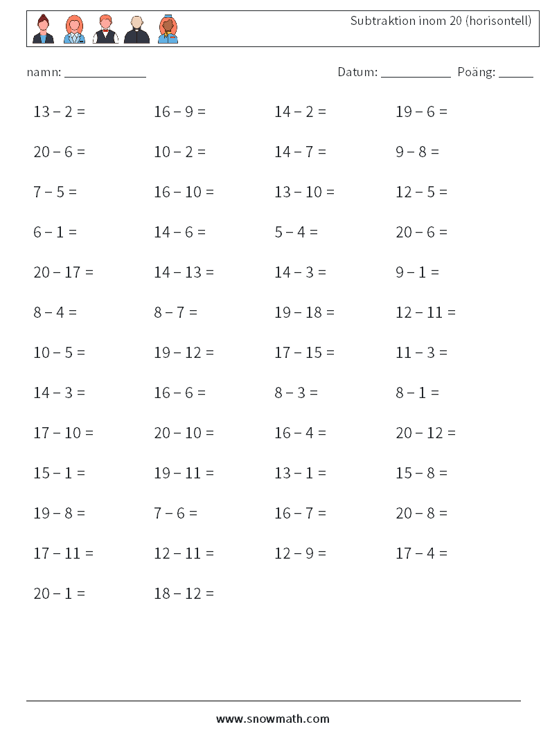 (50) Subtraktion inom 20 (horisontell) Matematiska arbetsblad 9