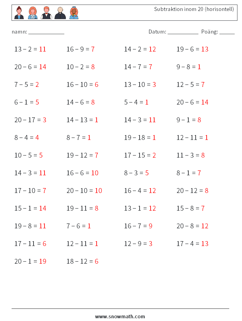 (50) Subtraktion inom 20 (horisontell) Matematiska arbetsblad 9 Fråga, svar