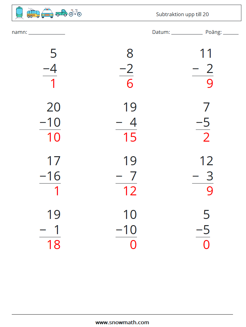 (12) Subtraktion upp till 20 Matematiska arbetsblad 10 Fråga, svar