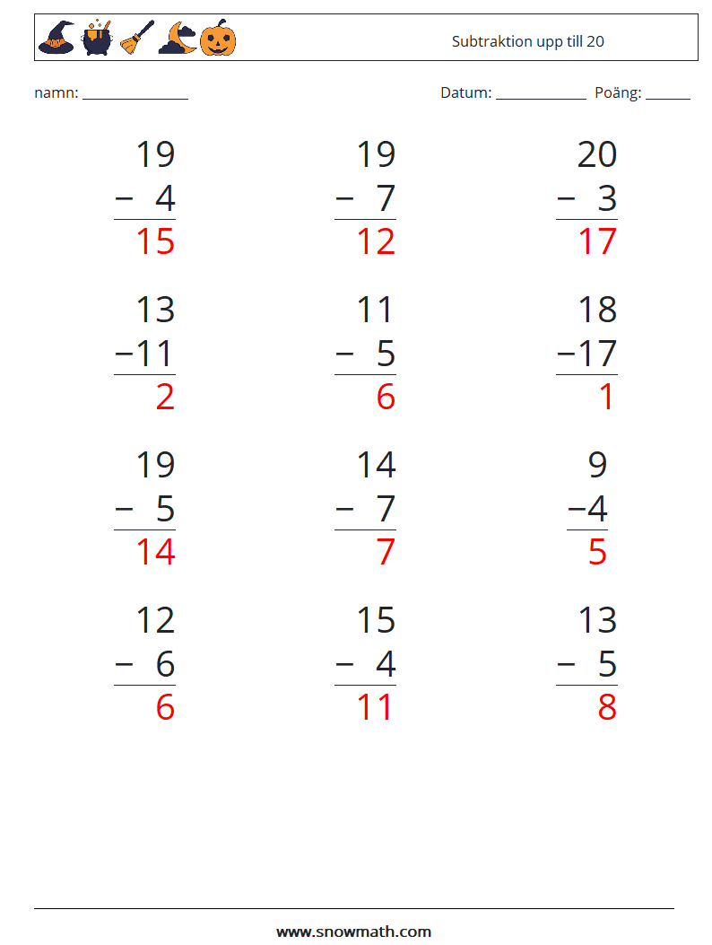 (12) Subtraktion upp till 20 Matematiska arbetsblad 11 Fråga, svar