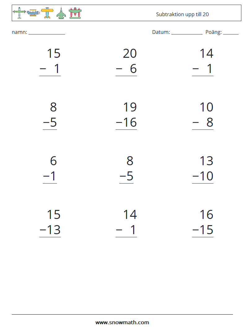 (12) Subtraktion upp till 20 Matematiska arbetsblad 12