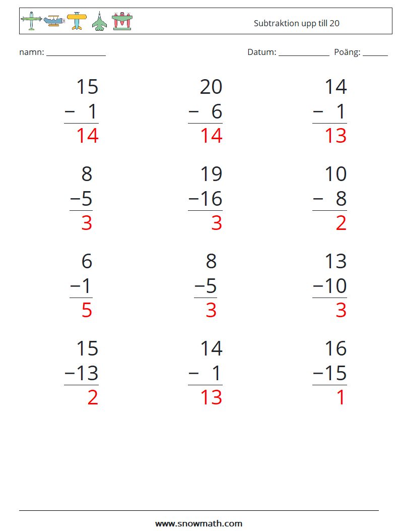 (12) Subtraktion upp till 20 Matematiska arbetsblad 12 Fråga, svar