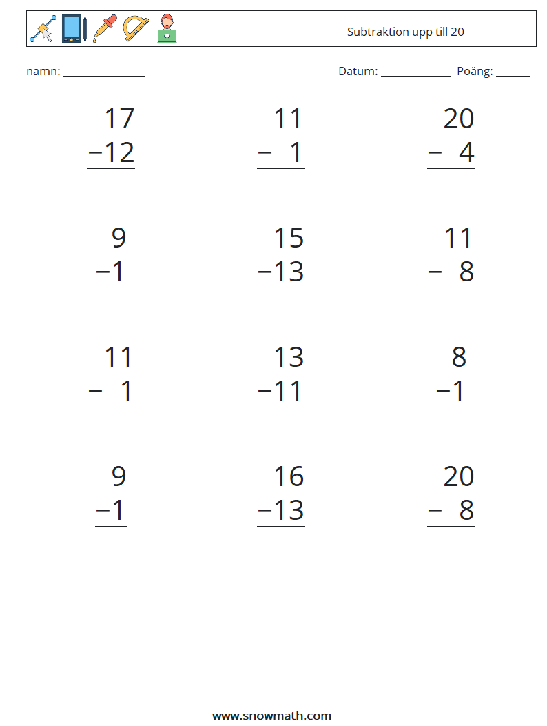 (12) Subtraktion upp till 20 Matematiska arbetsblad 14