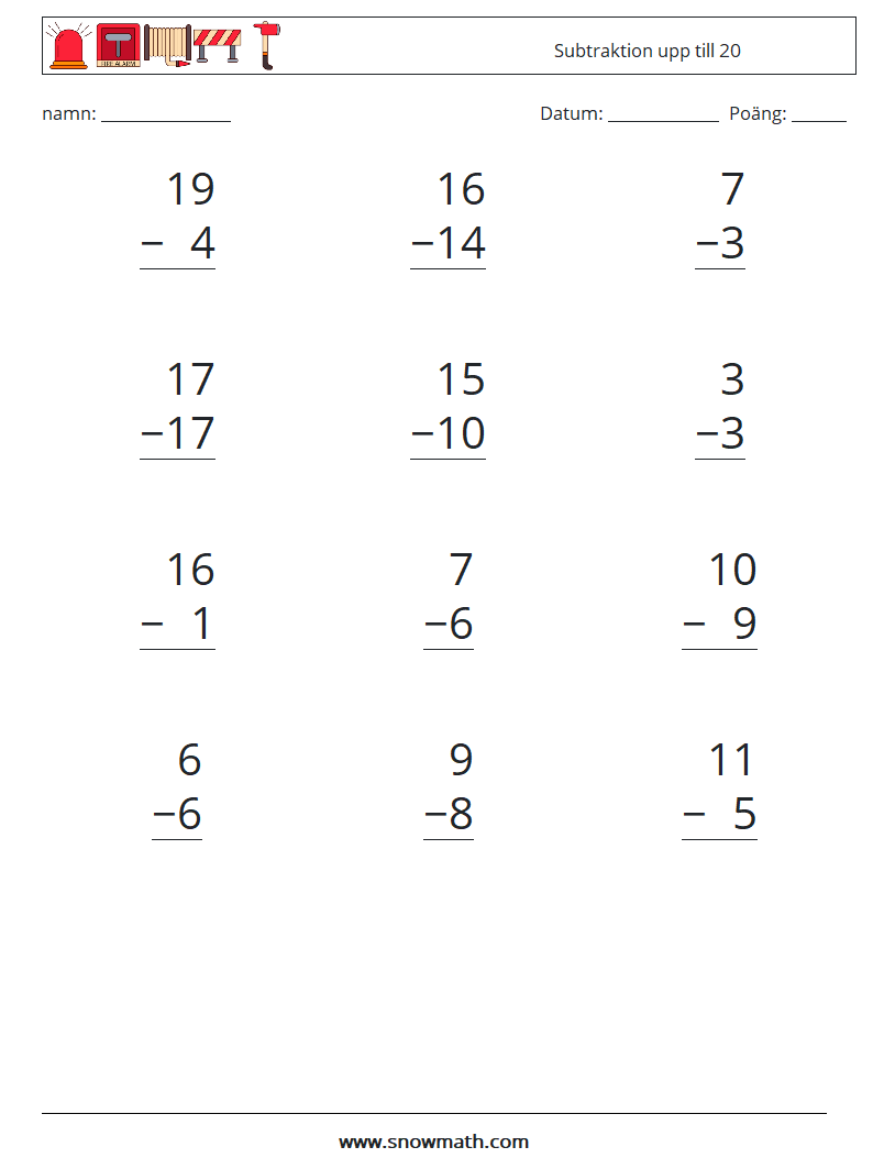 (12) Subtraktion upp till 20 Matematiska arbetsblad 17