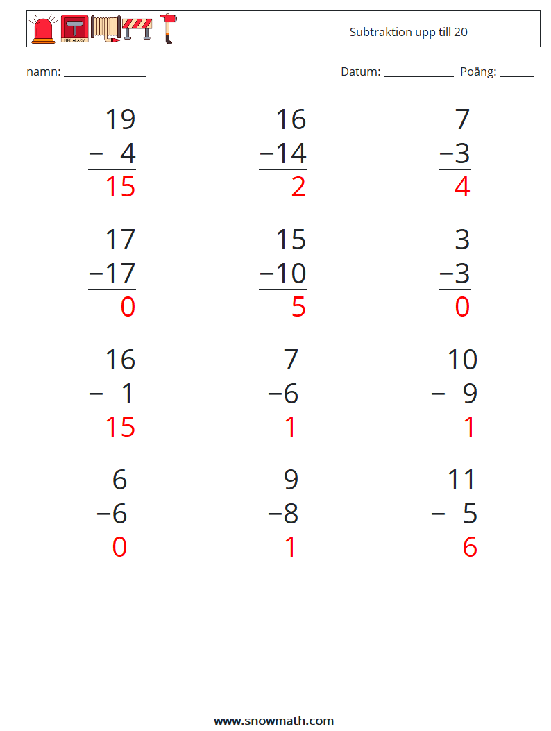 (12) Subtraktion upp till 20 Matematiska arbetsblad 17 Fråga, svar