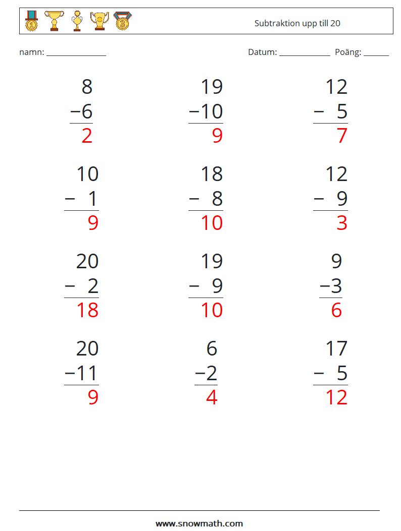 (12) Subtraktion upp till 20 Matematiska arbetsblad 18 Fråga, svar