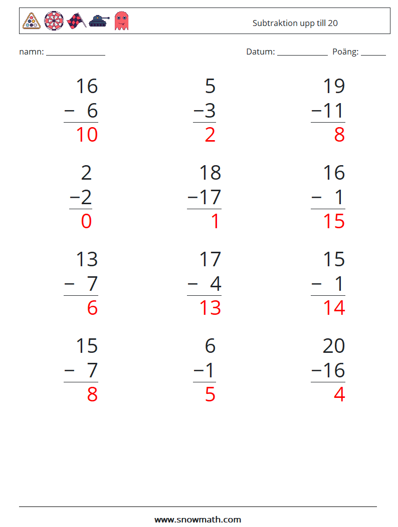 (12) Subtraktion upp till 20 Matematiska arbetsblad 1 Fråga, svar