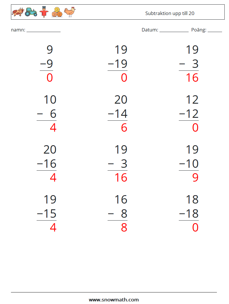 (12) Subtraktion upp till 20 Matematiska arbetsblad 2 Fråga, svar